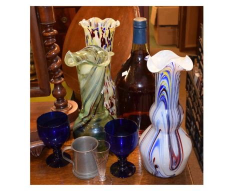 Assorted glass ware to include; a pair of 'Bristol' blue goblets, three large swirled glass vases, large vintage Cognac bottl