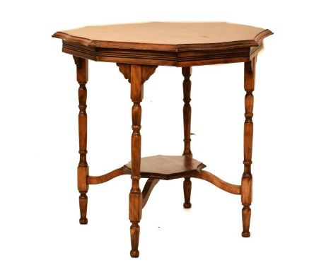 Edwardian beech octagonal occasional table with moulded wavy edge on turned supports and 'X' stretcher with under shelf   Con