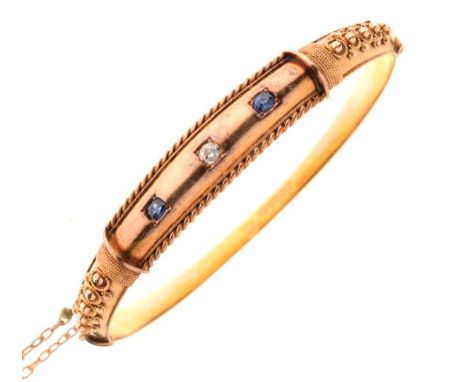 Victorian 15ct gold snap bangle set sapphires and diamond, 12g approx   Condition: 