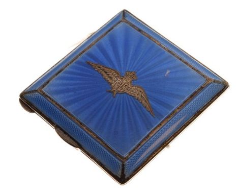 George VI silver and blue enamel compact of square form, the hinged cover with winged RAF motif within radiating blue enamel 