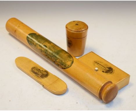 Four items of Mauchline ware comprising: a rolling pin with photographic oval vignette of 'The North Cotswold Meet, Broadway'