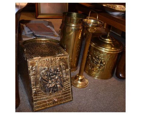 Assorted brass ware to include; coal scuttle, stick stand, coal vase, log box, magazine rack etc   Condition: 