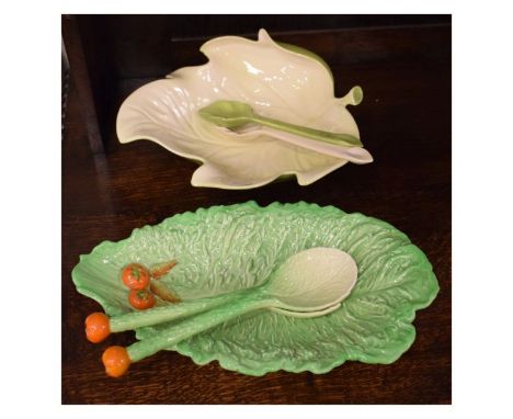 Two Carlton Ware leaf shaped salad bowls, together with servers   Condition: 