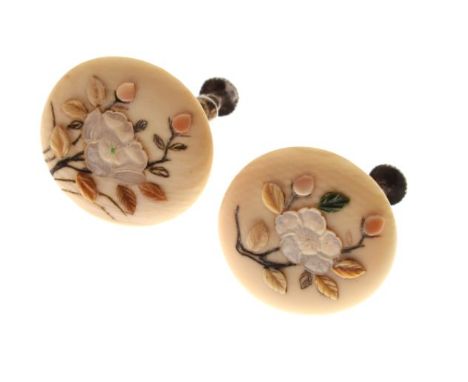 Pair of Japanese ivory and mother-of-pearl inlaid circular screw thread earrings   Condition: 