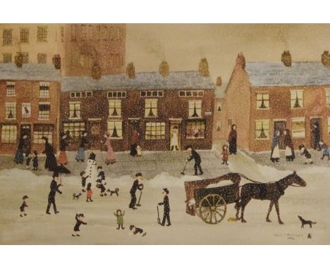 Helen Bradley - Signed limited edition print - The Snowman, signed in pencil and with blindstamp, 37.5cm x 55.5cm, framed and