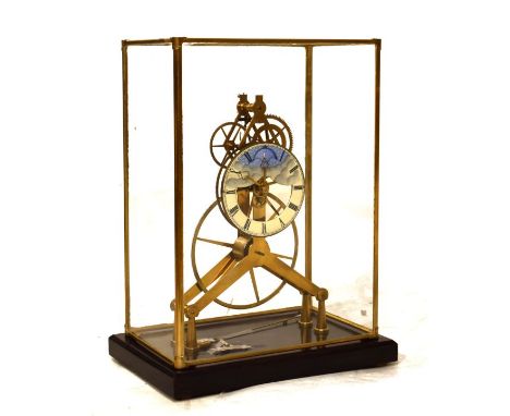 20th Century 'Great Wheel' skeleton clock, the 18cm enamelled Roman dial with enamelled clouds and stars and 'Rolling Moon' c