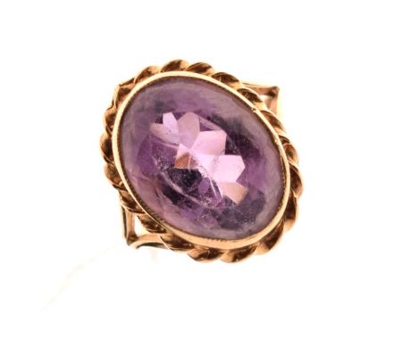 9ct gold dress ring set large opal faceted amethyst coloured stone, size N, 5.3g approx   Condition: 