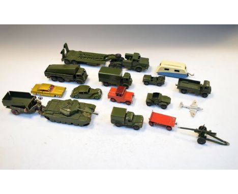 Assorted toy cars to include; Dinky Supertoys 550 Tank Transporter, 623 Army Wagon, Army truck, Cargo truck, Centurion Tank 6