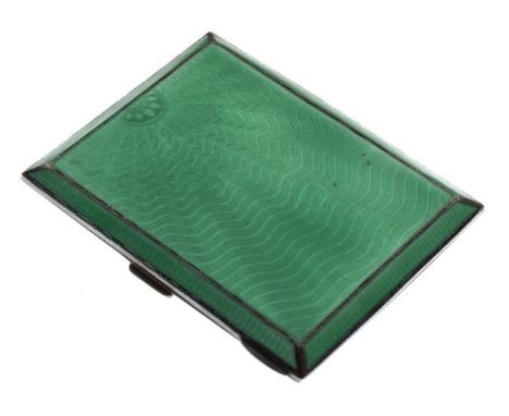 George VI silver and green enamel cigarette case of rectangular form with wavy engine -turned decoration, hallmarked Birmingh