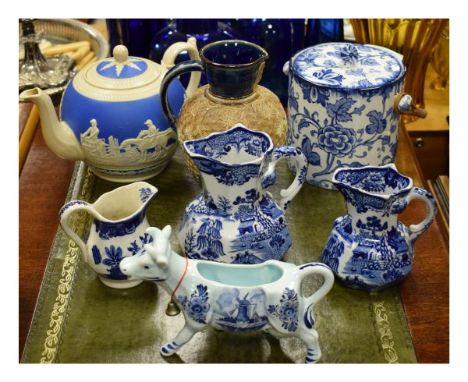 Assorted ceramics to include; Doulton Lambeth stoneware jug, Copeland late Spode relief-moulded teapot, Keeling's biscuit bar