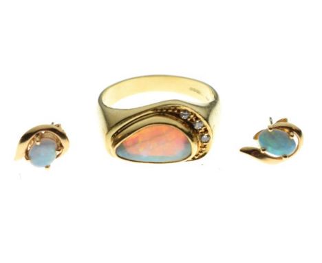 18ct gold dress ring set opal and three diamonds, size Q and a pair of opal stud earrings stamped 585   Condition: 