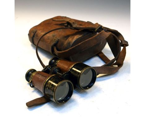 Military Interest - Pair of Great War era binoculars with hide barrels, in hide case stamped John and Bennett Green 1916 with
