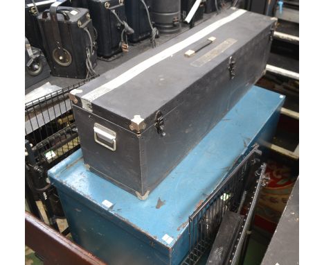 A large metal trunk, stencilled 'Assembly Rooms Derby', 77cm high, 124cm wide
