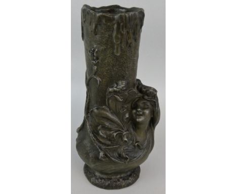 A French Art Nouveau bronzed spelter vase, signed Gregor '02, of baluster form with a lady draped around a tree, liner, 36 cm