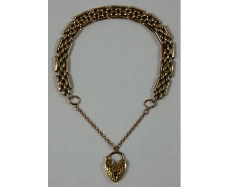 A Victorian 9ct rose gold gate link bracelet, the internal links chased, heart shape padlock clasp by WHW Ltd, weight 14 g.