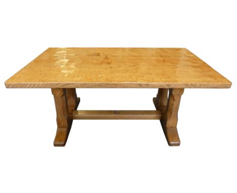 Fred "Snailman" Somerscales, an adzed oak coffee table, the rectangular top on octagonal baluster end supports, joined by a f