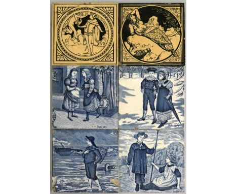 A Mintons tile depicting Hagarard Ishmael in the desert, another depicting Tempest I.II. together with four Wedgwood months o