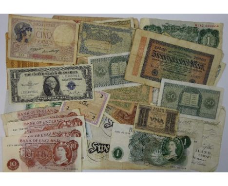 Three Bank of England White five pound notes - April 20th 1950, chief cashier - P S Beale - R30 058727, April 26th 1949, chie