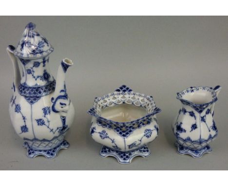 A Royal Copenhagen three piece porcelain coffee service, in the Lace and Devil pattern, comprising; coffee pot, 1030, sugar b