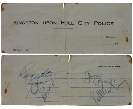 Beatles; four signatures, Ringo Starr, John Lennon, George Harrison and Paul McCartney, signed in biro on a Kingston Upon Hul