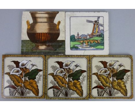 Three Victorian pictorial tiles depicting flowers, stamped No 84 and Reg No 67048 together with one depicting a vase, stamped