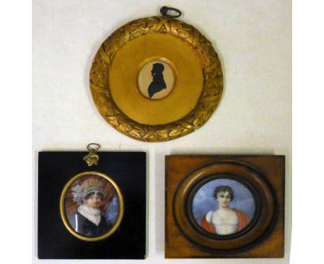 A 19th century portrait miniature of a lady with a white ruff, oval 8.5 x 6.5 cm, ebonised frame, another of a lady signed Ba