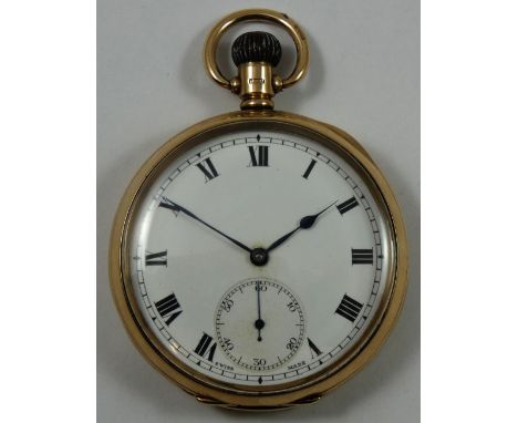 A 9ct rose gold keyless wind open face pocket watch, Birmingham 1920, the white enamel dial with black Roman numerals, subsid