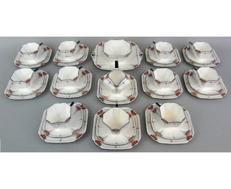 A Shelly Queen Anne design red daisy pattern part tea set, design 11497, comprising; eleven cups, twelve saucers, twelve plat