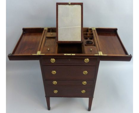 A George III mahogany campaign style washstand/dressing table, of square form with brass side carrying handles, the double hi