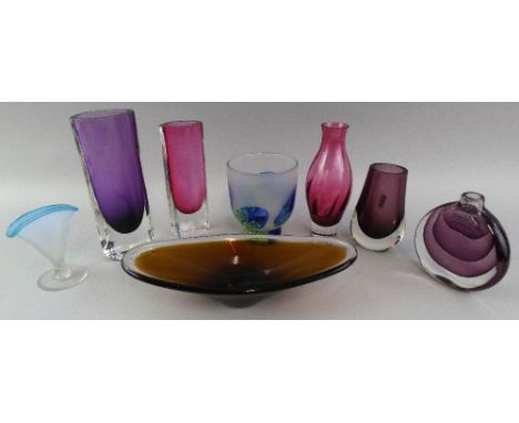 Three 1970's Art glass vases, unsigned and other similar glassware.