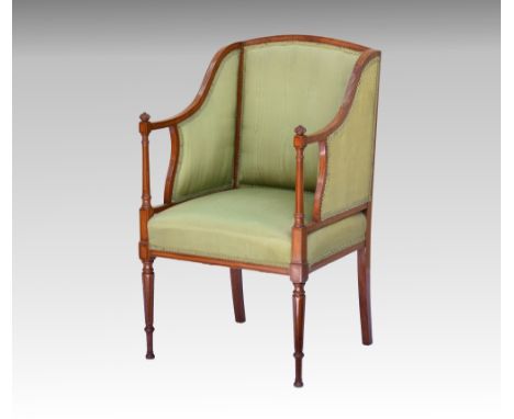A 19th century solid satinwood and ebony strung salon armchair, the slightly arched back over swept part-wing arms, on faux f