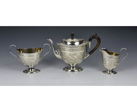 A Victorian silver bright cut engraved three piece tea set, William Mammatt, Sheffield, 1888 &amp; 1891, of classical oval fo