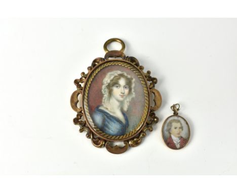 English School (early 19th century), Portrait miniature of a young lady, in a blue dress and white bonnet, her brown, curled 