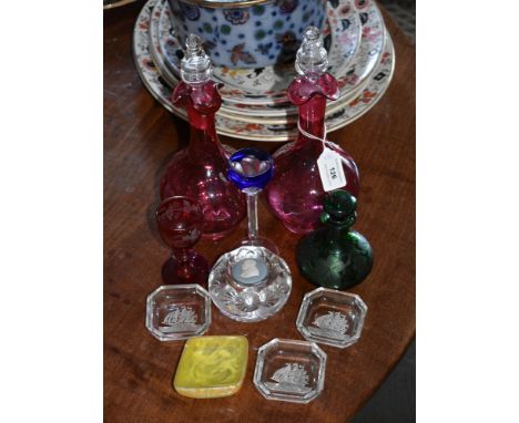 A pair of Victorian cranberry glass flask decanters, together with a small collection of other 19th and early 20th century gl