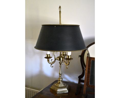 A French style lacquered brass three light candelabra table lamp., 