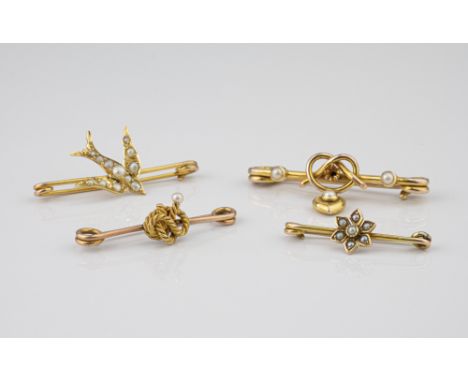 Four antique gold and seed pearl bar brooches, two 15ct gold and two 9ct gold. (4)