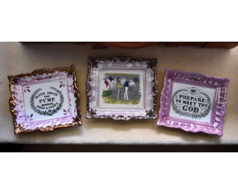 Three 19th century Sunderland pink lustre plaques, with monochrome transfer print inscriptions, 'Mate Sound the Pump, Morning