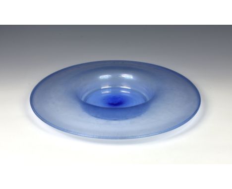 A Stretch glass iridized rolled rim centrepiece bowl, American, 1920s, probably by Frank and John Fenton, the blue iridescent