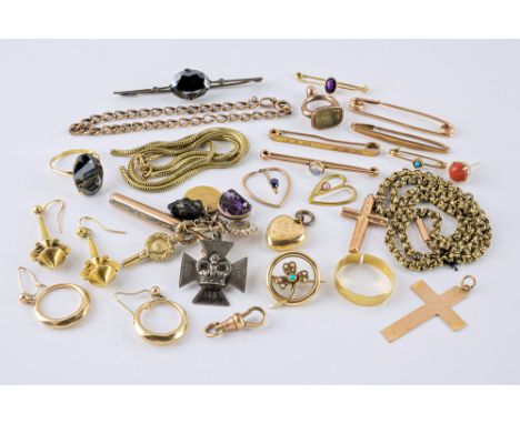 A small collection of antique and vintage jewellery, mostly gold, including a 9ct rose gold cross on 9ct yellow gold chain; f