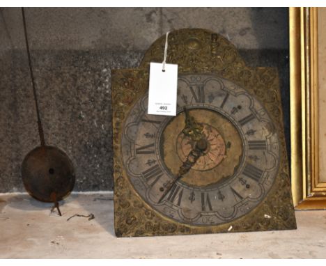 A 17th century style longcase clock movement, the arched brass dial signed to arch 'K.J. v. Sch RvM 1604' in a cartouche held