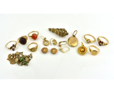 A collection of antique and vintage gold jewellery, some damaged, 9ct, 14/15ct and 18ct, comprising five gem set rings, two s