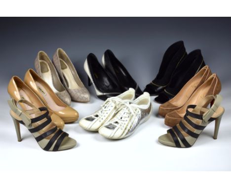 A collection of designer ladies shoes, comprising Christian Louboutin tan suede heels and Louis Vuitton black heels with zip 