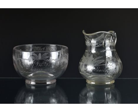 19th century etched clear glass jug and bowl - Guernsey interest, c.1843, the glass etched with planted twin handled urns, et