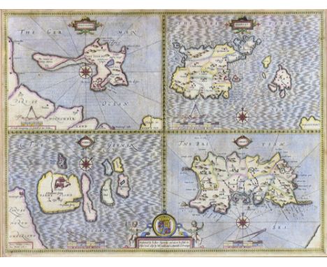 John Speede (British, 1552-1629), engraved quartered map of Holy Iland, Garnsey, Farne and Jarsey, with hand colouring, compa