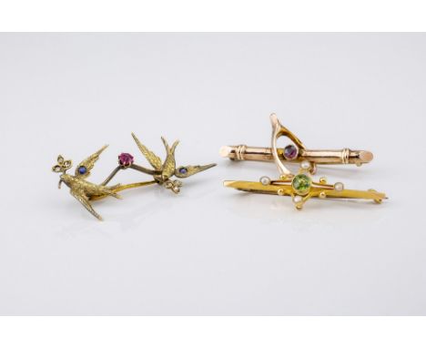 Three antique gold gem set bar brooches, one 18ct gold, with two love birds carrying diamond set leaves, one wing on each ins