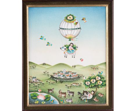 Michel Salgé (French Naive School, b.1932), 'Reve d'Amour' oil on canvas, signed lower left, further signed and inscribed ver