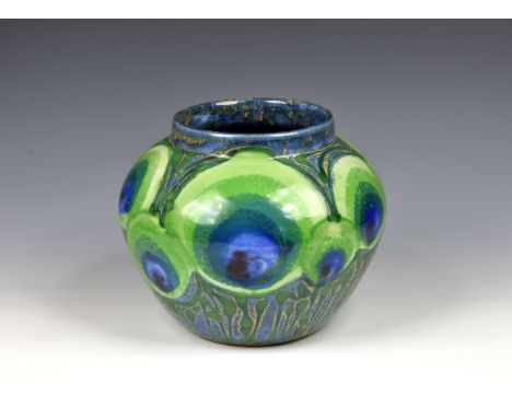 Clare Woodhall and Janice Tchalenko for Dartington pottery, the vase of compressed ovoid form, decorated in peacock tail feat