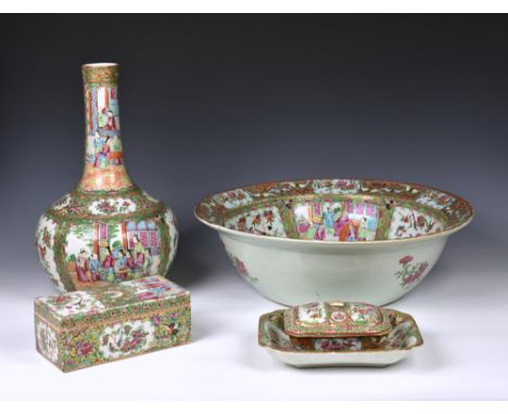 A Chinese porcelain Canton famille rose four piece bedroom set, 19th century, comprising a large wash bowl, a bottle vase or 