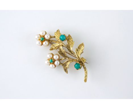 A vintage 9ct gold, turquoise and seed pearl brooch, 1950s-60s, designed as a floral spray, 38mm. long. 