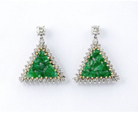 A pair of vintage 18ct yellow gold, platinum, diamond and jade earrings, 1950s-60s, the triangular, foliate carved and pierce